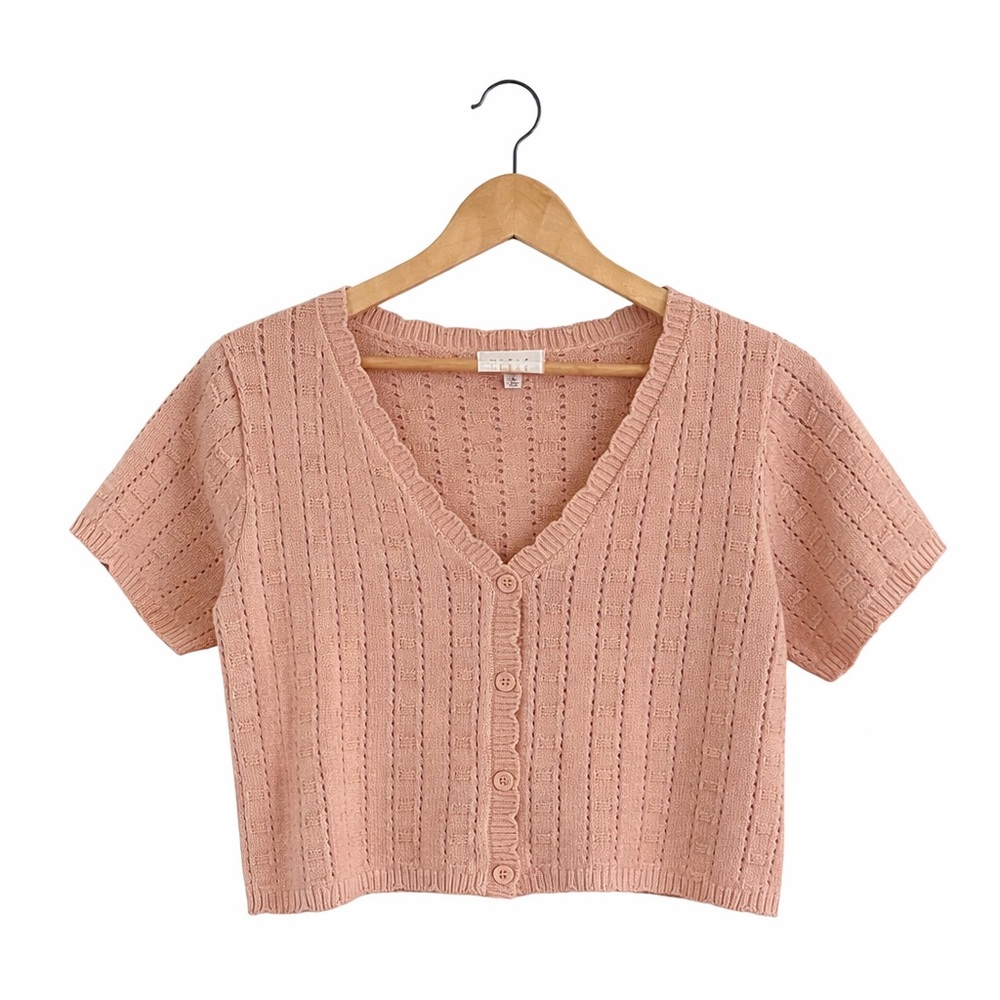 Anthropologie Mable Dusty Pink Pointelle Knit Button Front Cropped Cardigan Top - Picture 3 of 7